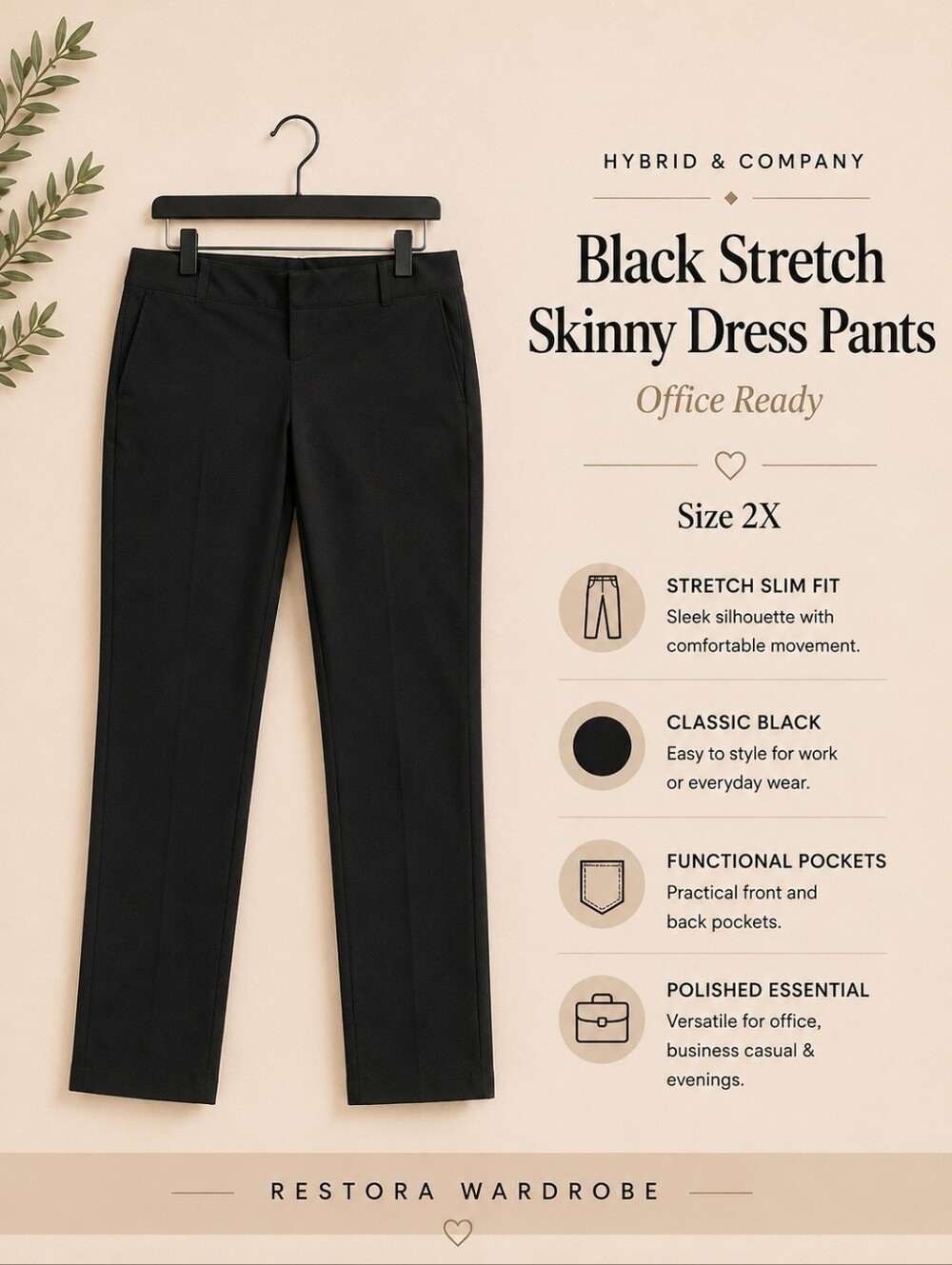 Hybrid & Company Office Siren Black Stretch Skinny Dress Pants 2X